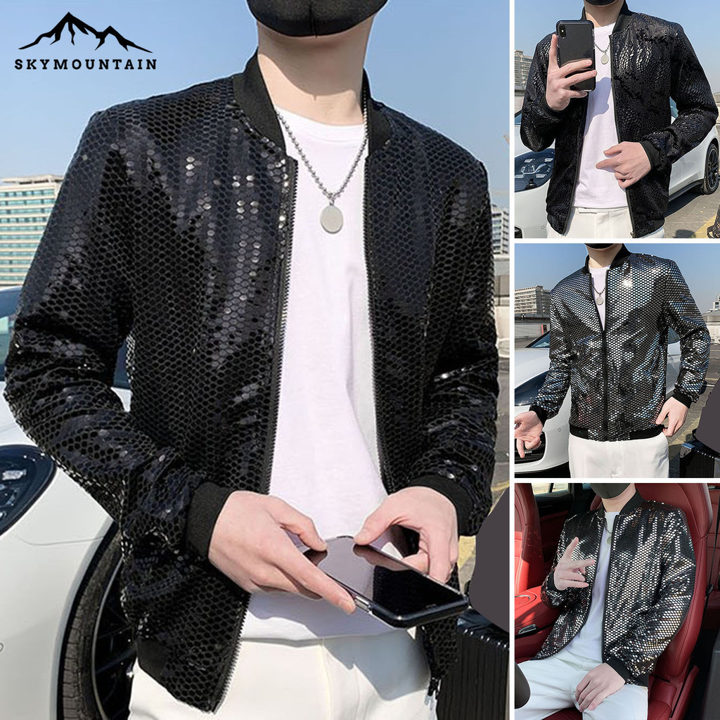 [SKY] เสื้อแจ็กเก็ตเบสบอล คอปกตั้ง ประดับเลื่อม แบบบาง แฟชั่นสไตล์สตรีท สําหรับผู้ชาย