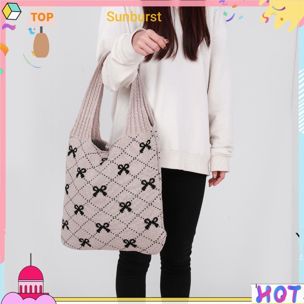 [Sunburst11.th] กระเป๋าถือ กระเป๋าช้อปปิ้ง ถักโครเชต์ พิมพ์ลายโบว์ สําหรับผู้หญิง [Sunburst11.th]