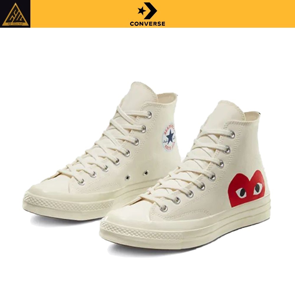 ♞,♘Converse x Comme des Garçons PLAY คอนเวิร์ส รองเท้าผ้าใบทรงสูง Chuck 70 Cream High Top sneakers