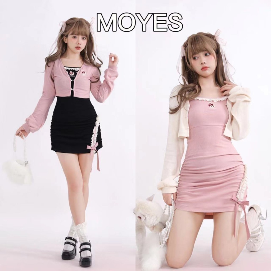MOYES เซตเดรสสาวสวย : คาร์ดิแกนปัก+เดรสลูกไม้ทรงสลิม