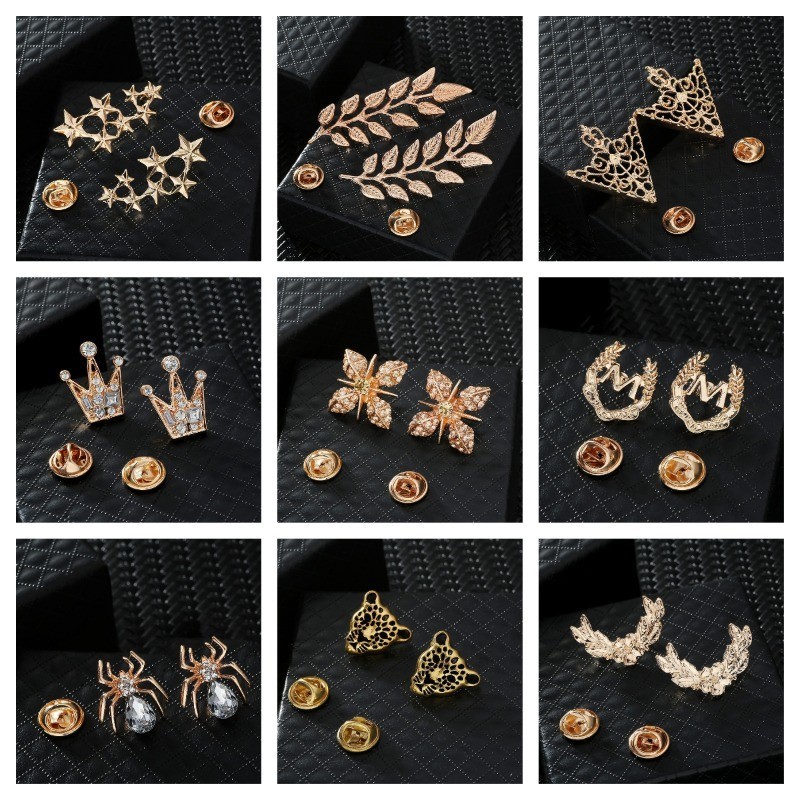 1 คู ่ ผู ้ ชายผู ้ หญิง Elegent ชุด Lapel เข ็ มกลัดเงิน Golden Leaf Spider Lion เข ็ มกลัดเครื ่ องบิน Collar Pin