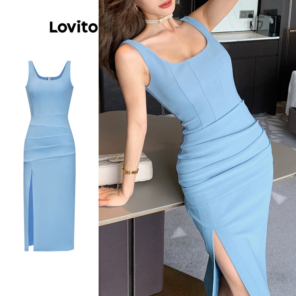 Lovito ชุดเดรส เดรสลำลอง สีพื้น ทรงแยกด้านหน้า สำหรับสตรี L70AD102 (สีน้ำเงิน)