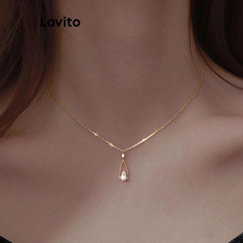 Lovito สร้อยคอโซ่ แต่งจี้หยดน้ำประดับพลอยเทียม สีเรียบ สไตล์หรูหรา สำหรับผู้หญิง LFA09627