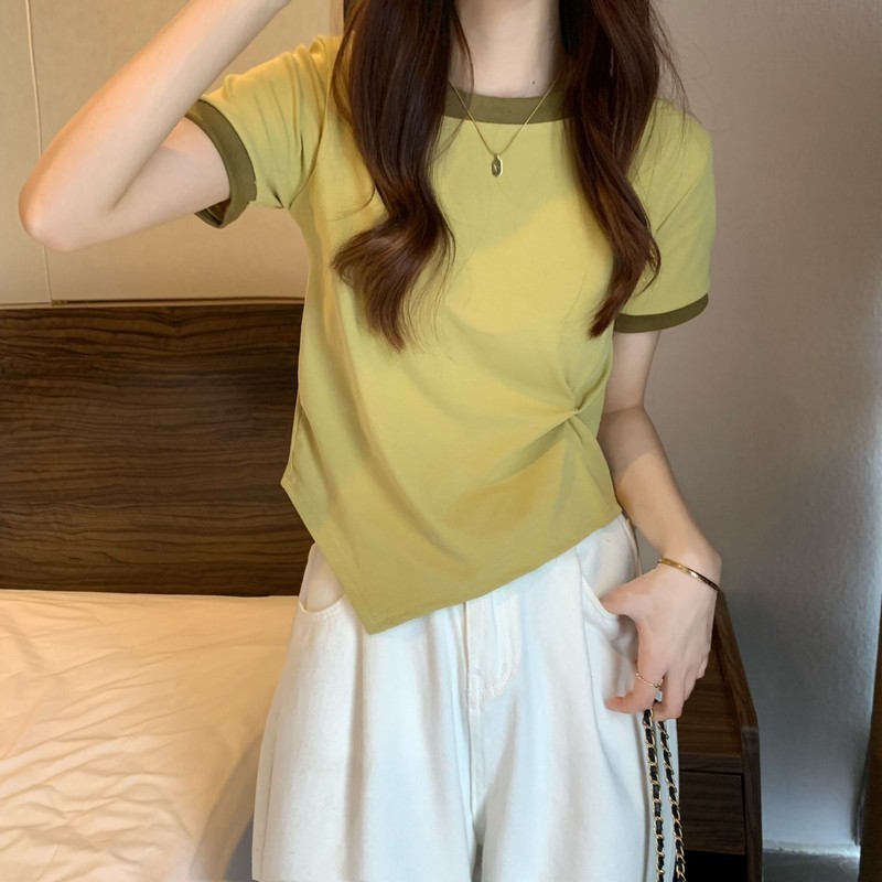เสื้อยืดแขนสั้น ตัวสั้น สีตัดกัน แฟชั่นทันสมัย ไม่เหมือนใคร สําหรับผู้หญิง และนักเรียน