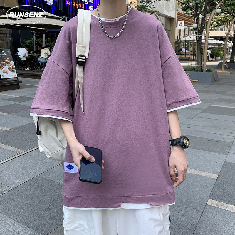เสื้อยืดแขนสั้นลําลอง ทรงหลวม ขนาดใหญ่ สีม่วง สําหรับผู้ชาย และผู้หญิง