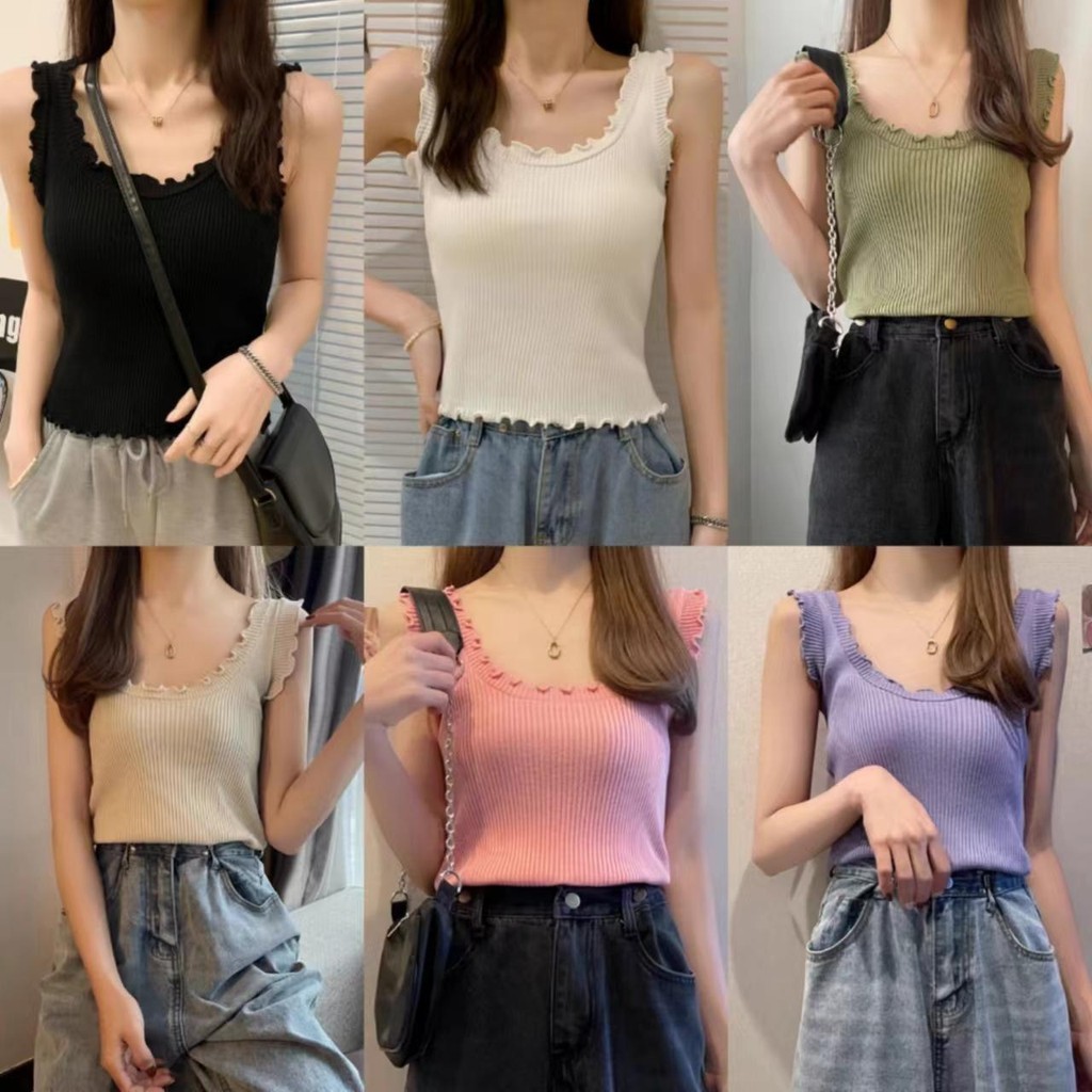 เสื้อกล้ามคอยัก เสื้อสายเดี่ยวไหมพรม สไตล์เกาหลี เสื้อกล้ามทรงเซ็กซี่ #2035