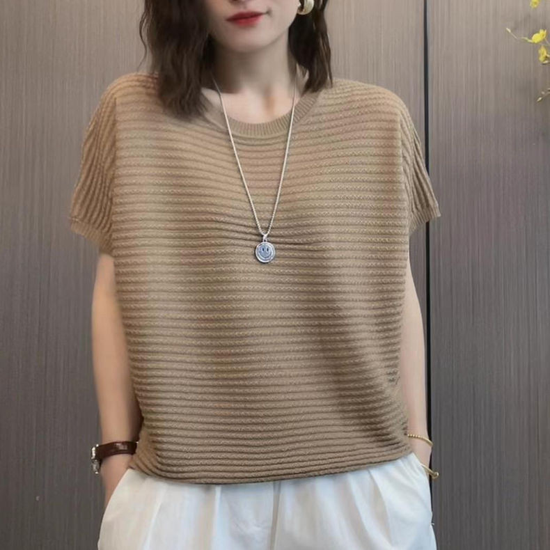 เสื้อไหมพรม เสื้อยืดฤดูร้อนบางคอกลมแขนสั้นผู้หญิงหลวม การทําตัวให้ผอม เสื้อสวมหัว สูงสุด