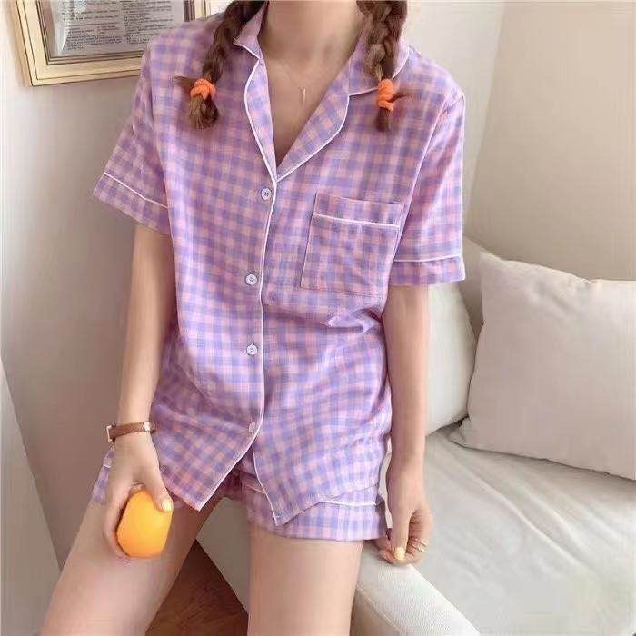 😛EQ128😛ชุดนอนแฟชั่นสไตล์เกาหลี  ชุดนอนลายสก๊อต ชุดนอนผ้าคอตตอน ชุดนอนคอปก มาใหม่ ผ้านิ่มมาก