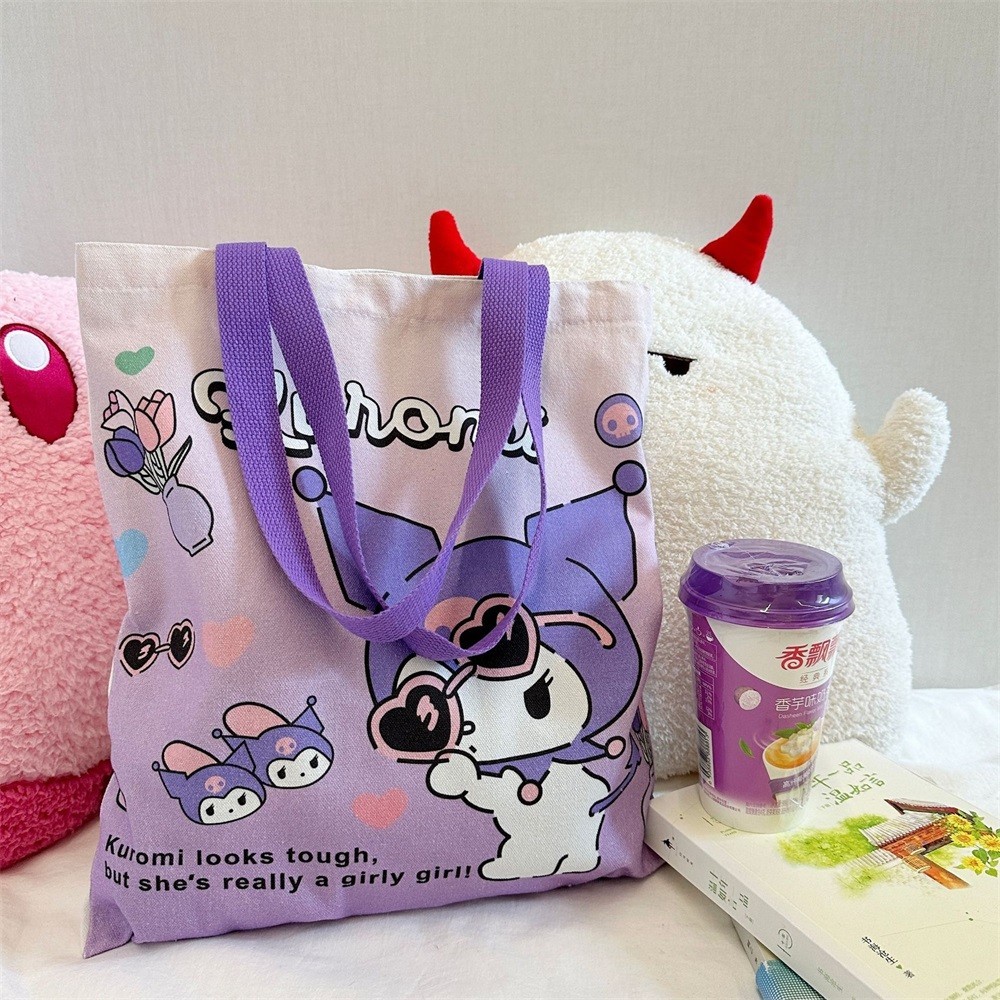 กระเป๋าช้อปปิ้ง ผ้าแคนวาส ขนาดใหญ่ จุของได้เยอะ ลาย Sanrio Kuromi Melody Cinnamoroll Hello Kitty สําหรับเด็กผู้หญิง และนักเรียน