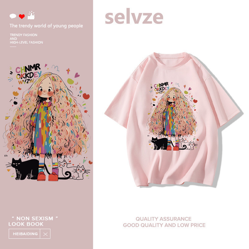 SELVZE（จัดส่งตลอด 24 ชั่วโมง） Printed T-shirt，การ์ตูนน่ารักสาวผมยาวพิมพ์เสื้อยืดแขนสั้นหลวม T1331