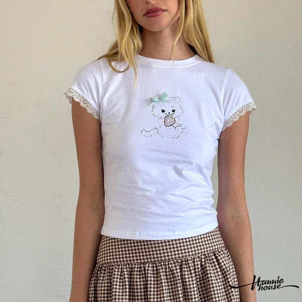 Hannie- เสื้อยืดแขนสั้น คอกลม พิมพ์ลายกระต่าย สีขาว สําหรับผู้หญิง