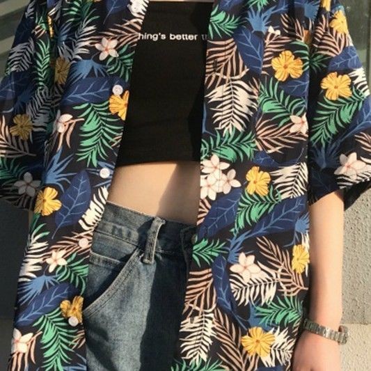 เสื้อเชิ้ตแขนสั้นลายดอกไม้ สไตล์เกาหลีทรงหลวม thumbnail 7