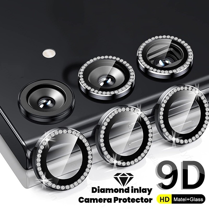 Bling 3D เพชรโลหะกล้องแหวน Protector สําหรับ Samsung S25 Ultra S24 S23 S22 Plus S24 FE 5G HD กระจกนิรภัยเลนส์โลหะผสมหมวก