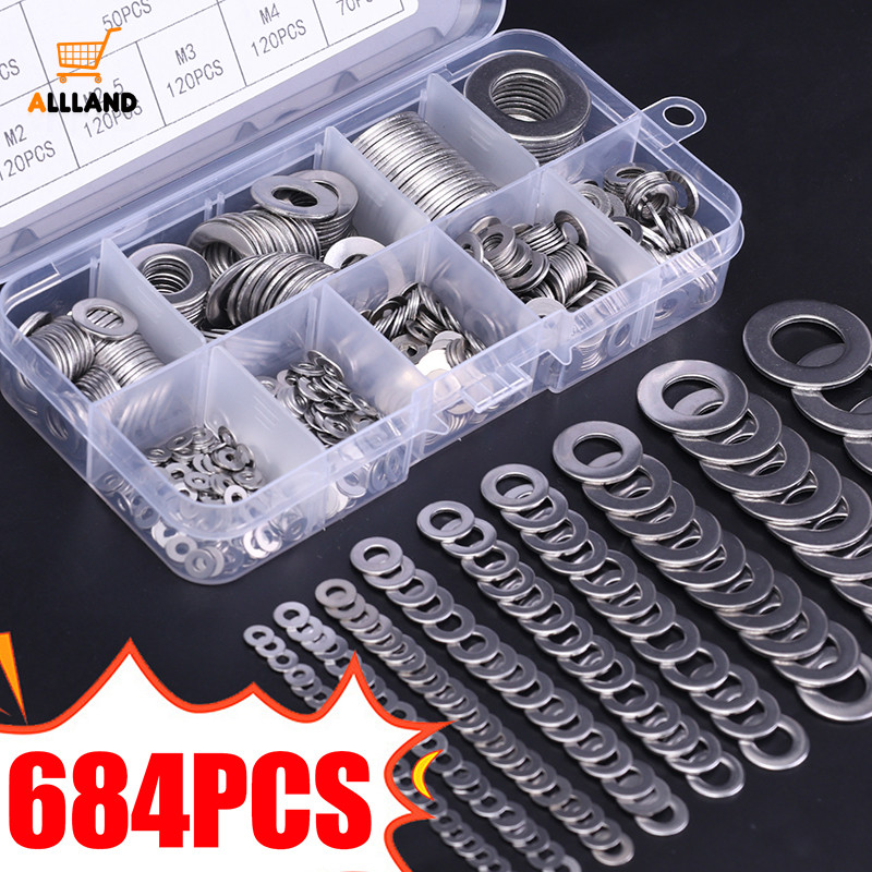 684 ชิ้น/กล่องคุณภาพสูงความทนทานสแตนเลสเครื่องซักผ้าแบน-M2-M12 สกรูหลายขนาดคงที่ปะเก็นชิ้นส่วนฮาร์ดแวร์