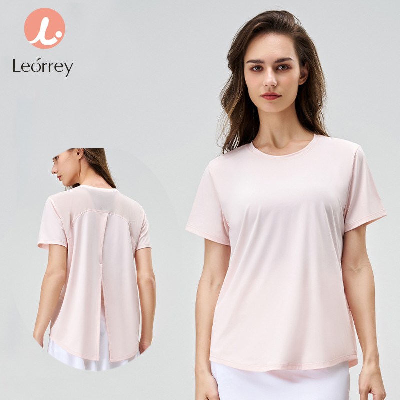 Leorrey-เสื้อวิ่งเนื้อนุ่ม แขนสั้น หลวม เย็นสบาย เปิดหลัง เสื้อยืดออกกำลังกายสำหรับนักกีฬา