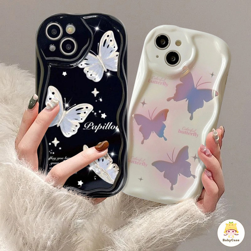 INS เกาหลี Glitter แฟนตาซี Butterfly 3D Wave ขอบปก iPhone 11 13 12 14 15 Pro Max 7Plus X XR XS Max 7 8 Plus 12 13 mini