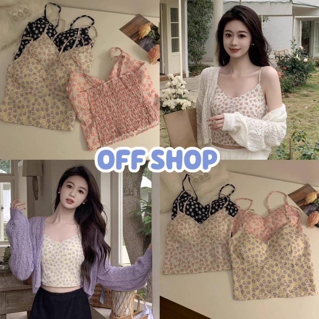 OFF SHOP พร้อมส่ง (OFF-FY230) เสื้อสายเดี่ยว ลายดอกไม้ มีฟองน้ำ สม๊อกด้านหลัง -H