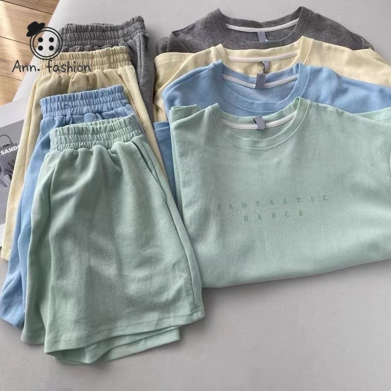 Ann ชุดเซ็ท2ชิ้น เสื้อยืดคอกลม-กางเกงขาสั้นเอวยืด สีพาสเทล น่ารักมากๆ พิมพ์ตัวอักษร ใส่สบาย ได้ทุกลุค #816