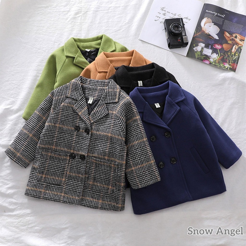 เสื้อขนสัตว์เด็กลายสก๊อตกระดุมสองแถวกระเป๋าตกแต่งเสื้อผ้าฤดูใบไม้ผลิ