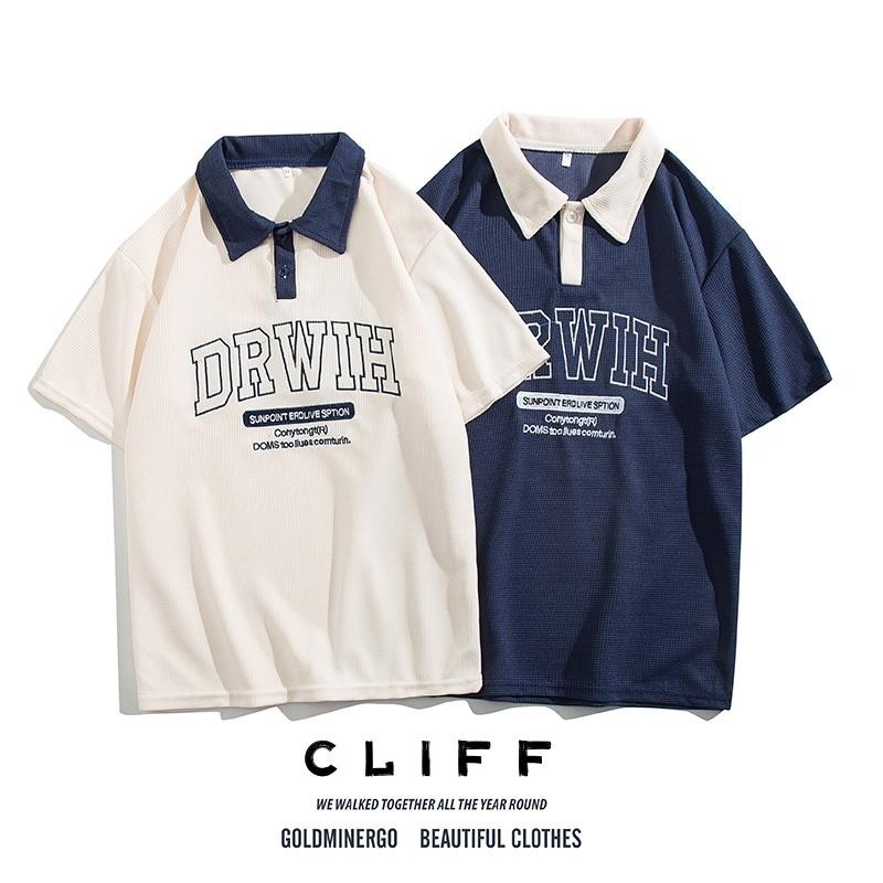 CLIFF -COD✅เสื้อโปโล ผู้ชาย วาฟเฟิลด์ การเย็บสี  แบบสบาย ๆ รูปแบบการพิมพ์ สามสี M-3XL