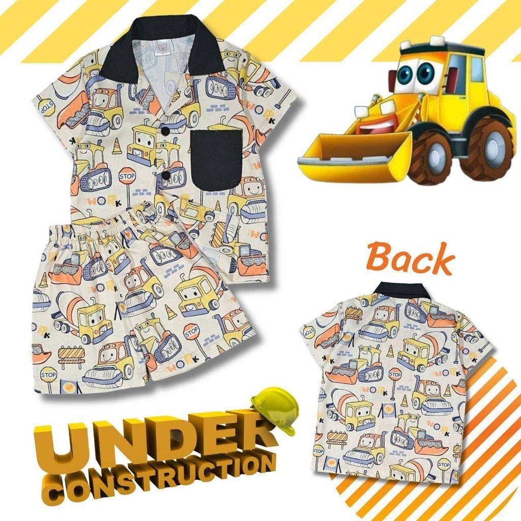 TR0823#2 ชุดเด็ก เซ็ตเสื้อฮาวาย+กางเกงขาสั้น ผ้าไหมอิตาลี ลายรถก่อสร้าง ชุดเด็กแฟชั่น ชุดเด็กลายการ์ตูน ชุดเที่ยวทะเล