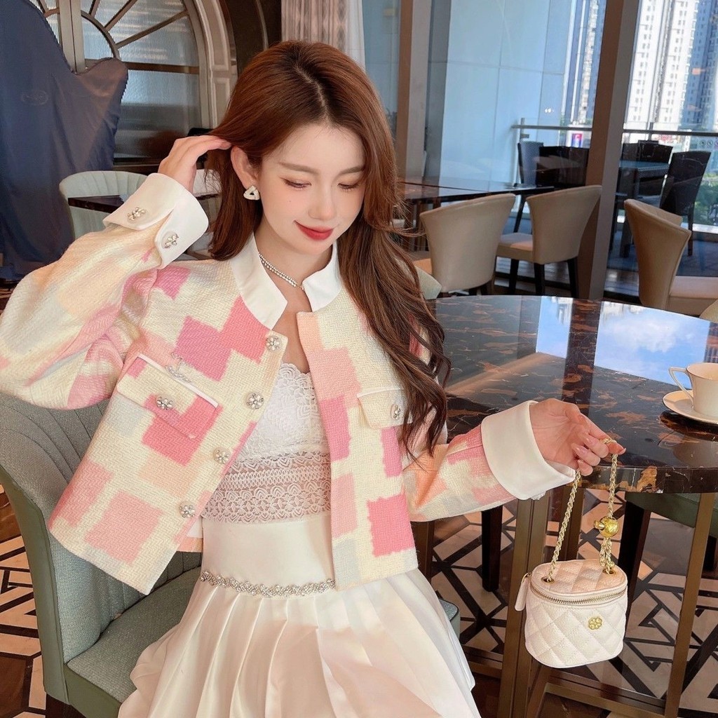 suysuy พร้อมส่ง เสื้อคลุม แขนยาว คาร์ดิแกน คอจีน ผ้าทวิตนุ่ม สีพาสเทล กระดุม ดอกไม้ มีซับใน สไตล์ เกาหลี