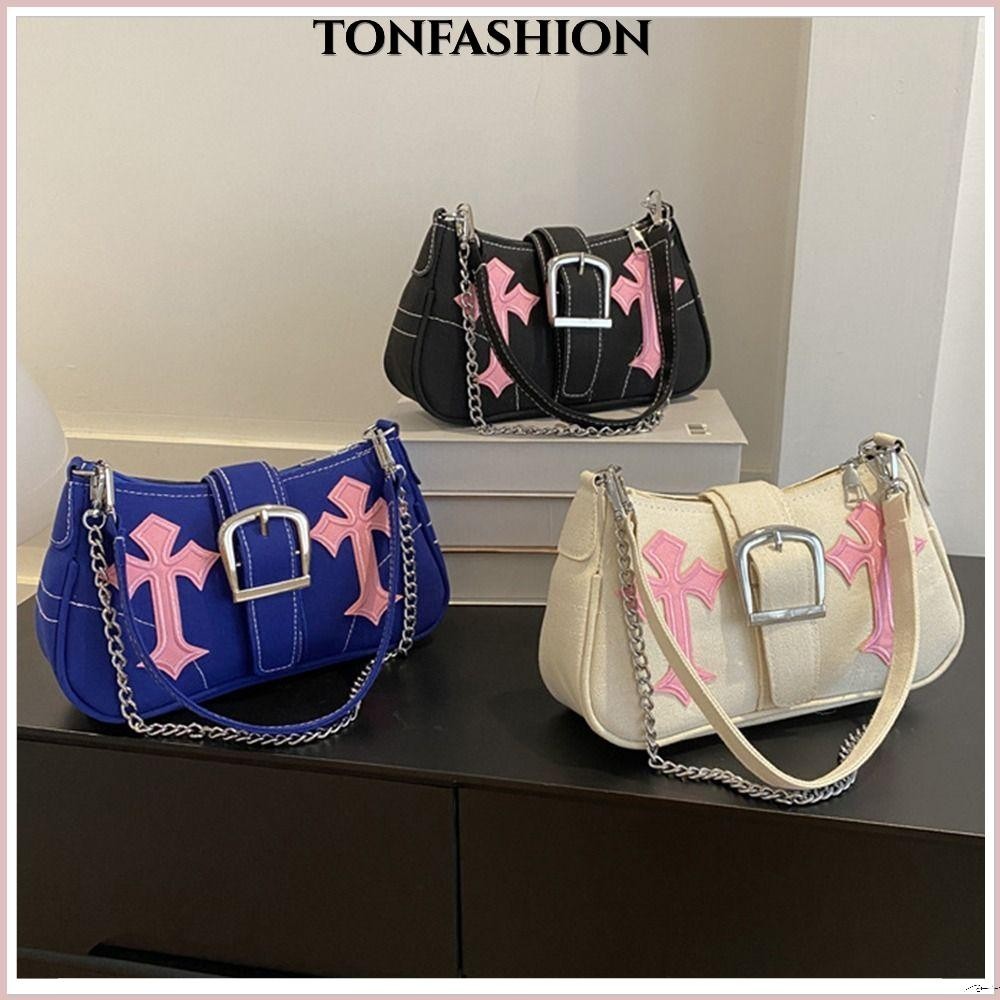 Tonfashion Hasp กระเป๋าถือ กระเป๋าสะพายไหล่ ผ้าแคนวาส แต่งหัวเข็มขัดโลหะ แฟชั่นสําหรับผู้หญิง
