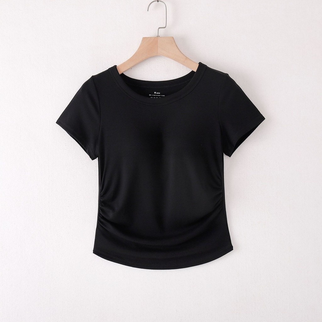 เสื้อครอปท็อป คอกลม แขนสั้น เสริมฟองน้ํา พรีเมี่ยม สําหรับผู้หญิง