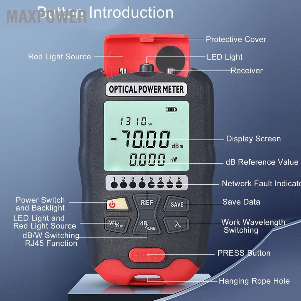 Maxpower 30KM Fiber Optic Power Meter แสงสีแดง VFL เครื่องทดสอบสายเคเบิลสุทธิ LED Light Optical