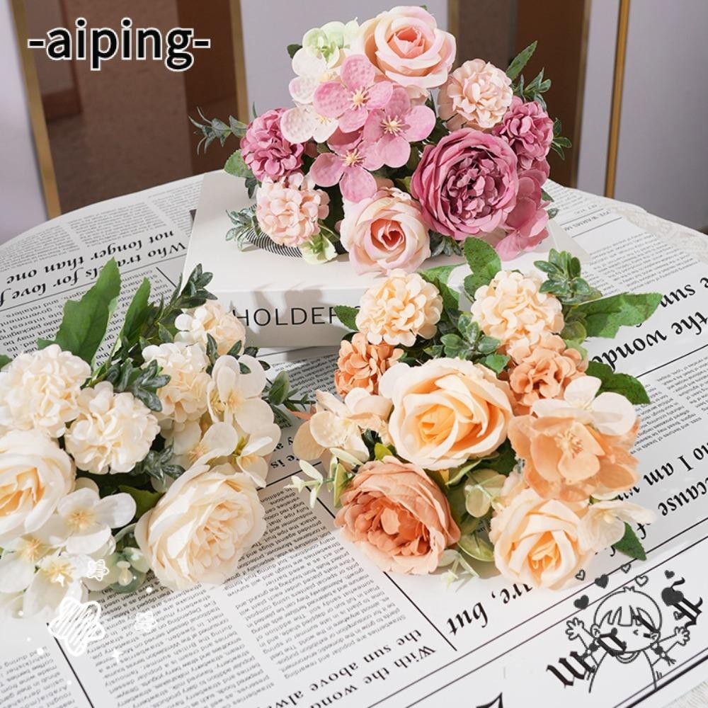 Aiping ช่อดอกกุหลาบประดิษฐ์ ไฮเดรนเยียปลอม ผ้าไหม สําหรับตกแต่งบ้าน งานแต่งงาน