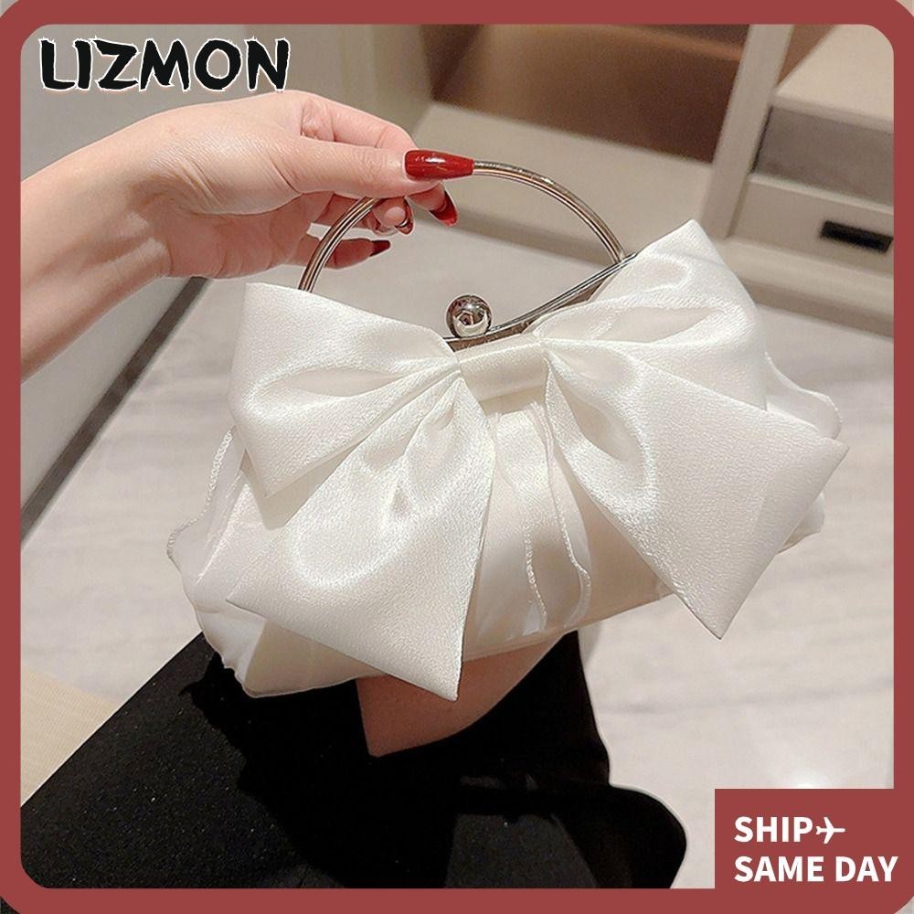 Lizmon กระเป๋าถือ กระเป๋าสะพายไหล่ ผ้าไหม ประดับโบว์ สีทอง แฟชั่นสําหรับสตรี