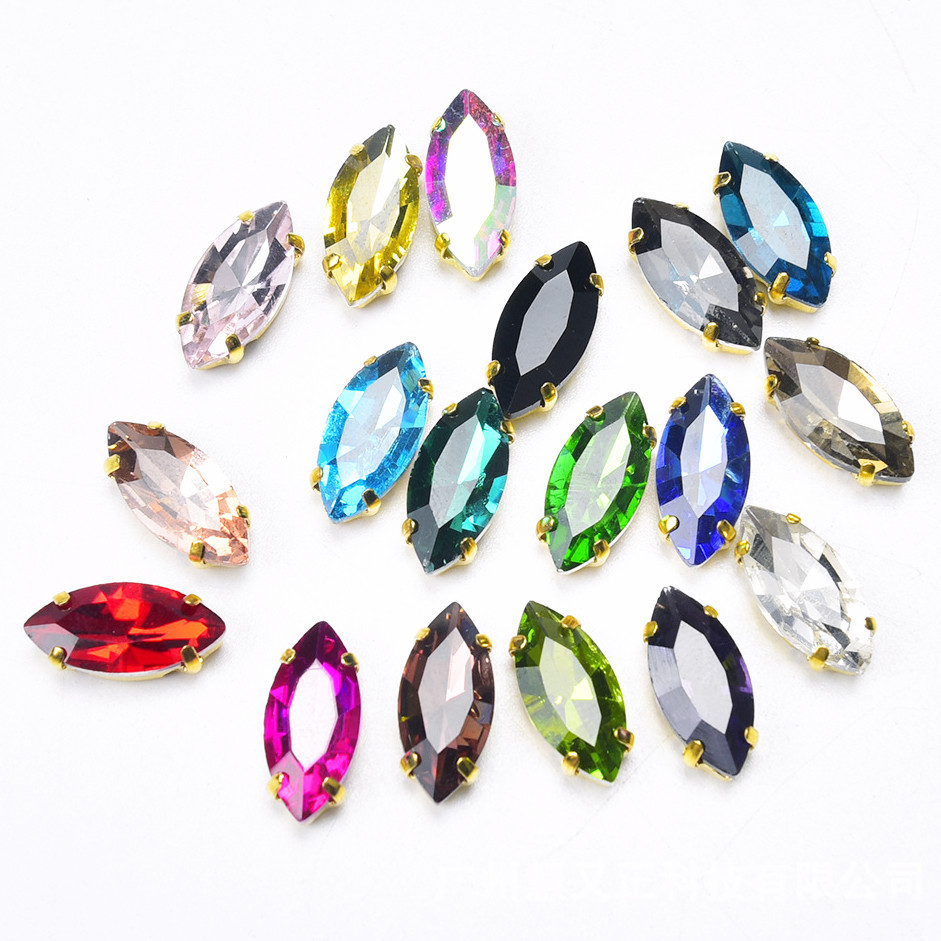 คริสตัลพลอยเทียม 50 ชิ้น 7x15 มม. 9x18 มม. ขาเย็บ ฐานสีทอง สำหรับตกแต่งรองเท้า DIY
