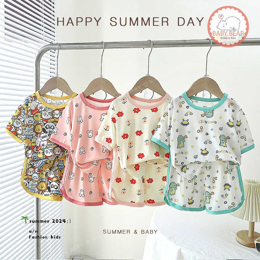 เสื้อผ้าเด็ก ชุดเด็กผ้าเรยอน เสื้อแขนสั่น+กางเกงขาสั้น แฟชั่นเด็กฤดูร้อน size80-110 cm DXT42