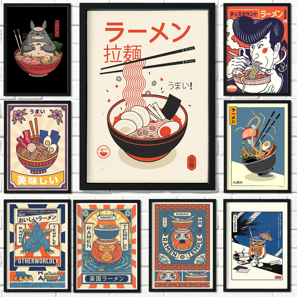 Vintage Illustrator ญี่ปุ่น Ramen Art โปสเตอร์สัตว์ Ramen ซูชิภาพวาด Wall Art ตกแต่ง Kawaii ตกแต่งห้องผ้าใบโปสเตอร์ UMUS