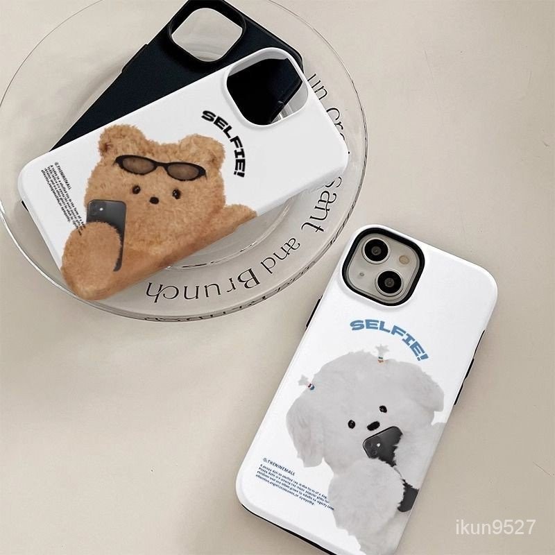 เคสโทรศัพท์มือถือ ลายลูกสุนัข หมีน้อย สองชั้น แวววาว สําหรับ Iphone 15Promax 14 13Pro 12 11Promax XR 7PLUS