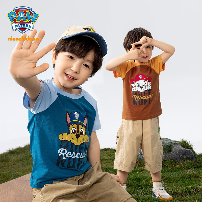 paw patrol เสื้อยืดแขนสั้น พิมพ์ลายทีม สีคอนทราสต์ สําหรับเด็กผู้ชาย และเด็กผู้หญิง