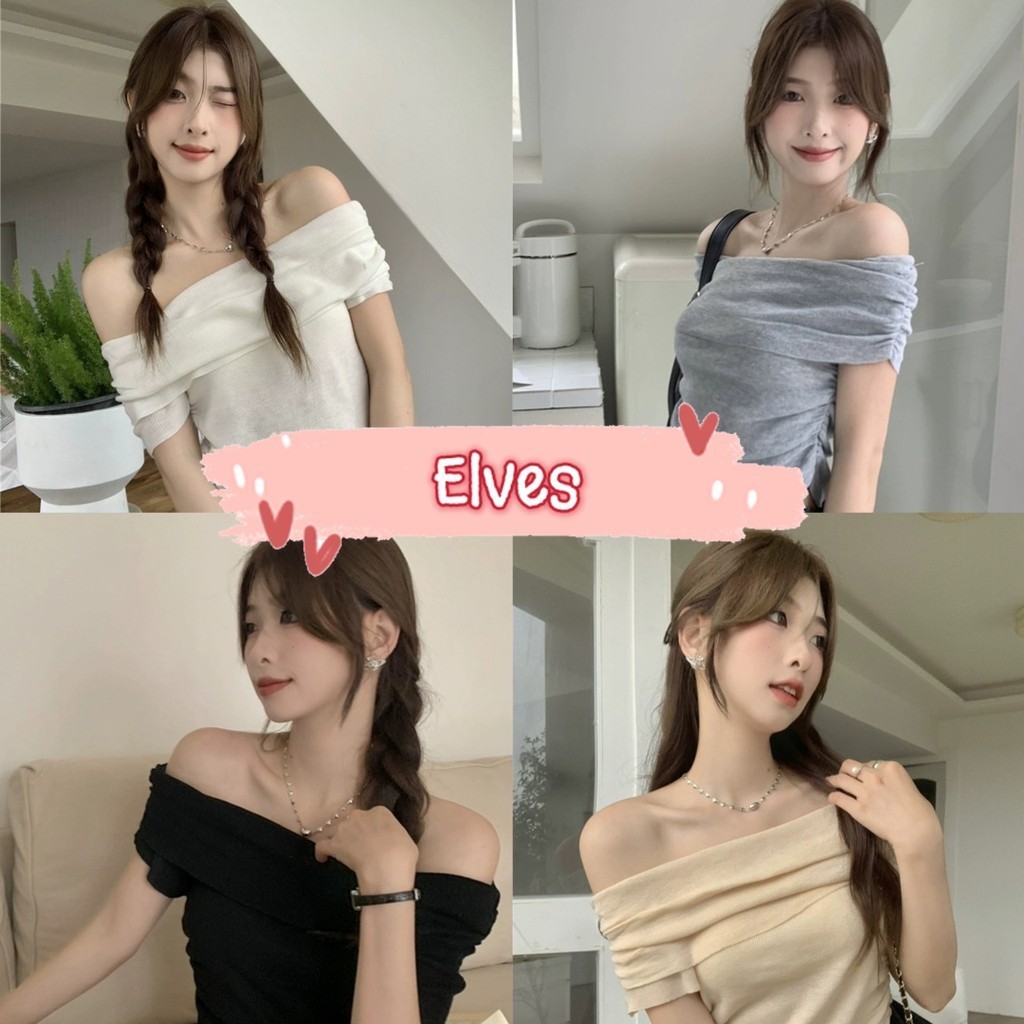 Elves✨พร้อมส่ง✨ เสื้อเปิดไหล่ไหมพรม แชนสั้น ผ้าร่องเบาบางใส่สบาย ~67CX37~