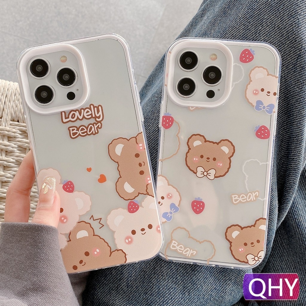 Qhy - เคสโทรศัพท์มือถือแบบใส หนา กันกระแทก ลายการ์ตูนหมี สตรอเบอร์รี่น่ารัก สําหรับ iphone 15 14 6s 7 8 plus XR SE3 11 12 13 pro max 2 in 1