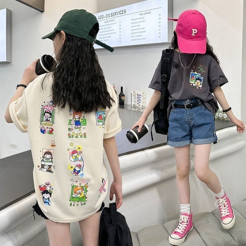 [สาวด้านบน] (15-50กิโลกรัม) คู่พิมพ์ผ้าฝ้ายขนาดบวกแขนสั้นเสื้อยืดหลวมสไตล์เกาหลียาวตัด เสื้อยืด เด็กสวมใส่