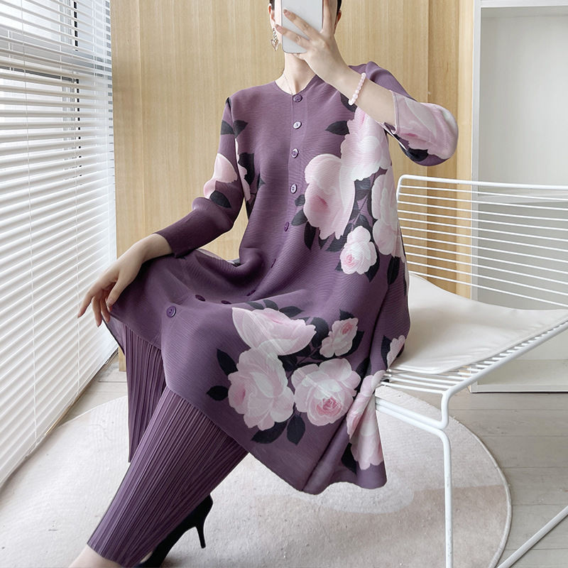Miyake ชุดสูทจับจีบ พิมพ์ลาย ทรงหลวม สไตล์จีน แฟชั่นฤดูร้อน สําหรับผู้หญิง สองชิ้น