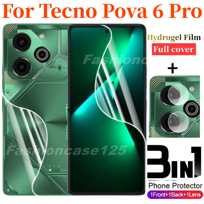 3in1 ฟิล์มไฮโดรเจลนิ่ม กันรอยหน้าจอ ด้านหลัง ป้องกันกล้อง สําหรับ Tecno Pova 6 Pro 5G 4G 2024 Tecno Pova6Pro 6Pro Pova 6 5 Pro Pova6Pro 5G