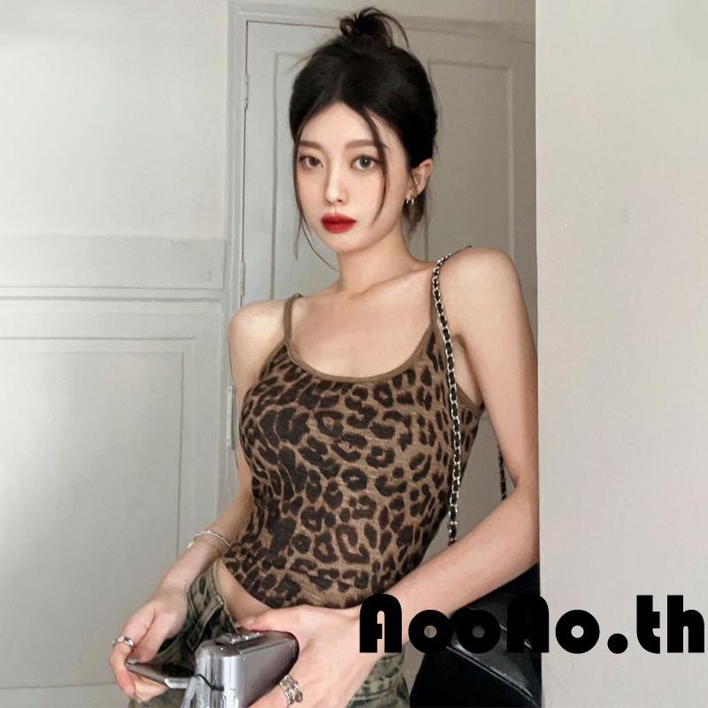 Aooao- เสื้อสายเดี่ยว สายสปาเก็ตตี้ แขนกุด คอสกู๊ป เปิดหลัง ลายเสือดาว เข้ารูป สําหรับผู้หญิง