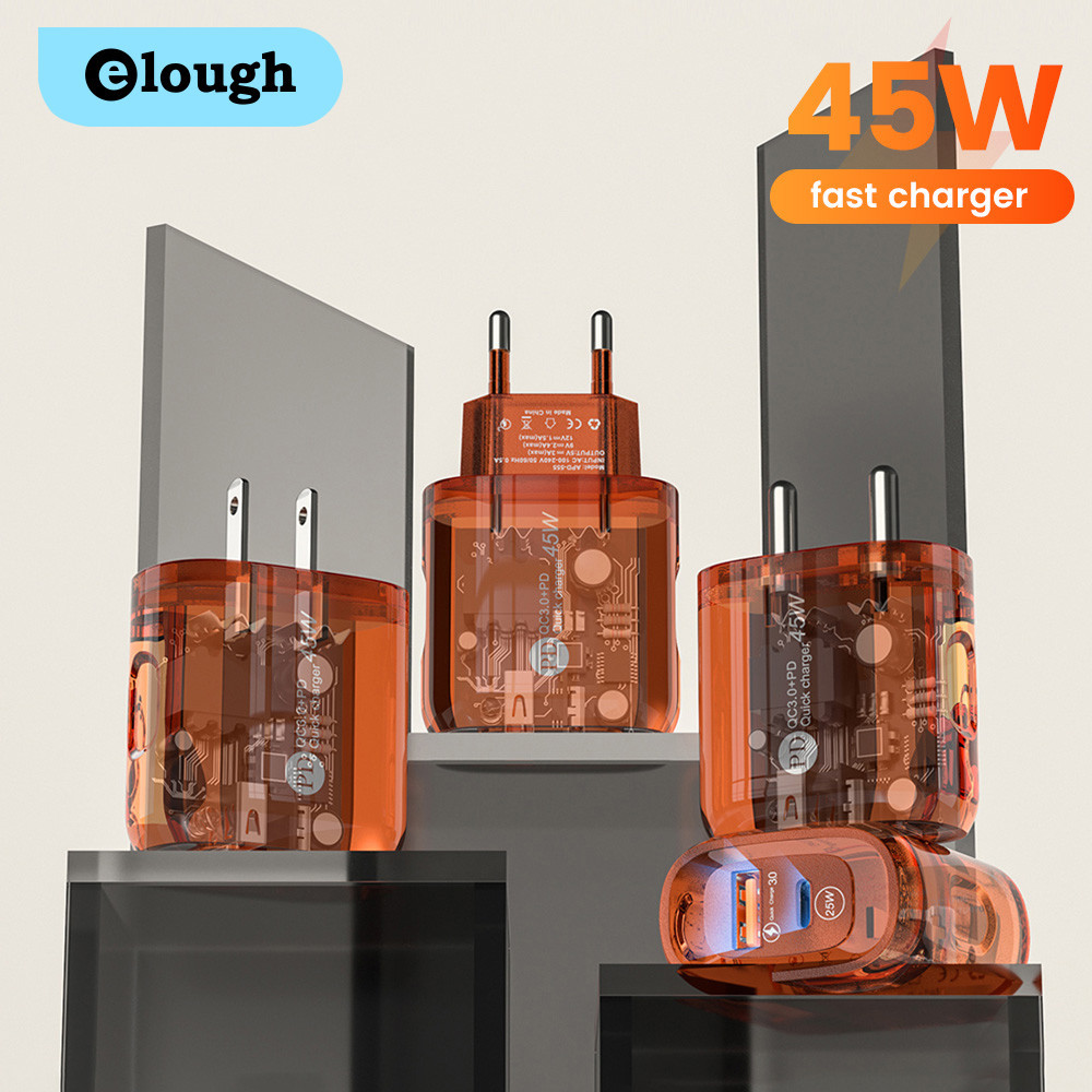 Elough อะแดปเตอร์ที่ชาร์จ USB PD Type C 45W แบบใส