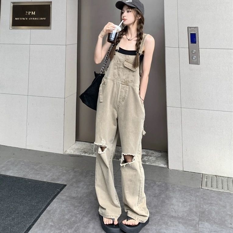 Jumsuit Jeans เอี๊ยมยีนส์ขายาว ทรงบอย เอี๊ยมยีนส์ เอี๊ยม เอี๊ยมเท่ๆ แต่งกระเป๋าหน้า การออกแบบรู*ขนาด S-2XL