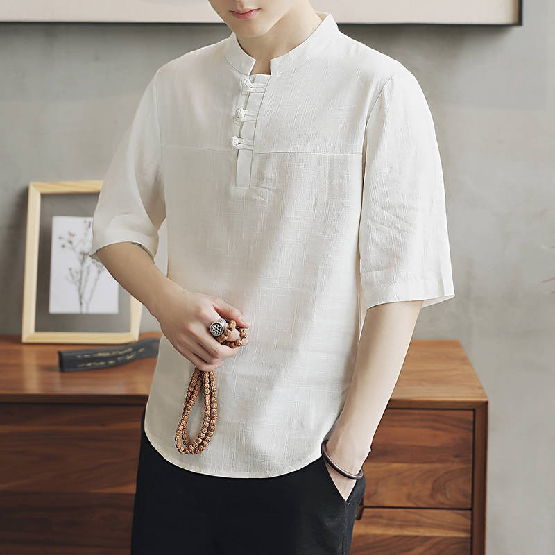 เสื้อเชิ้ต คอปกตั้ง แต่งกระดุม ขนาดใหญ่ สีพื้น สไตล์จีน สําหรับผู้ชาย