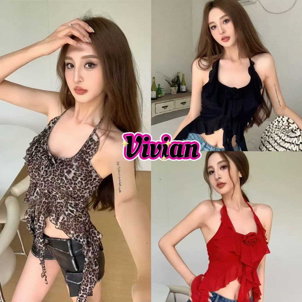 🎀Vivian🎀พร้อมส่ง เสื้อคล้องคอ ผ้าเรียบเนียน ลายเสือดาว สตรีมเมอร์ยาว เสื้อครอป🌸สลิมฟิต เซ็กซี่#FY2633-1
