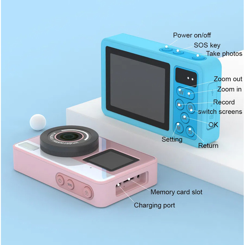 กล้องกันน้ํา HD IP68 กันน้ําสามเมตร 18x ซูมดิจิตอลจอแสดงผลหน้าจอคู่ Selfie switch กล้อง CCD