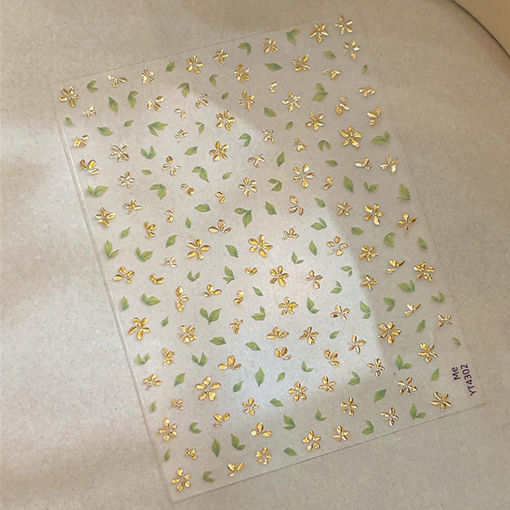 ทอง-ปั๊มสามมิติห้ากลีบดอกไม้เล็บสติ๊กเกอร์สีเขียวใบและดอกไม้ตกแต่งเล็บสติ๊กเกอร์