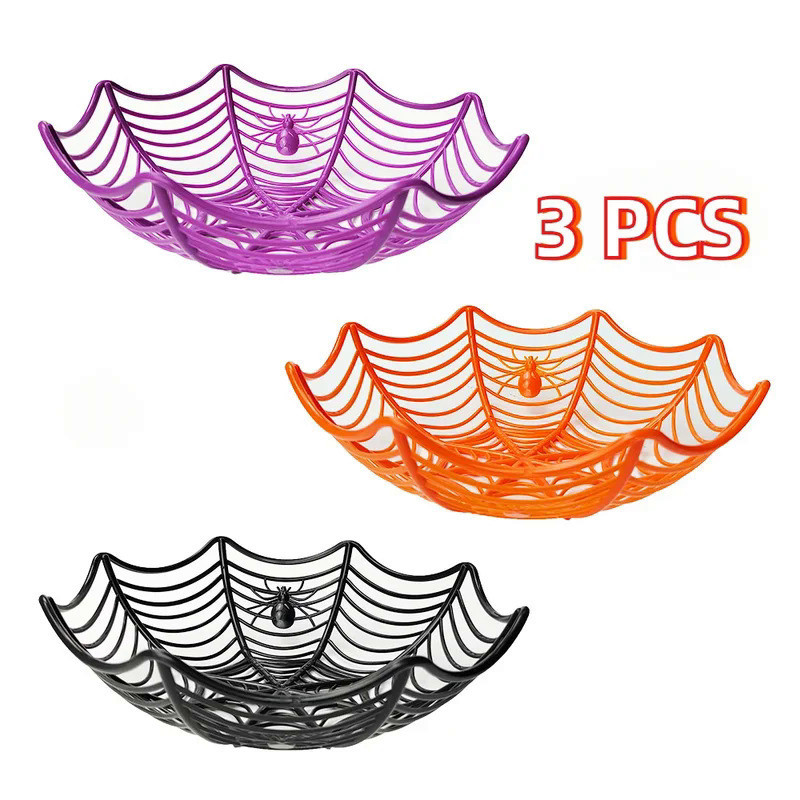3Pcs Candy Fruits Basket Halloween Spider Web Bowl Biscuit Packaging Basket Fruit Plate Trick or Tre