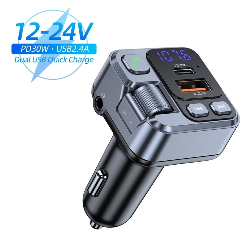 30w Car Charger Fast Charging Adapter FM บลูทูธเครื่องส่งสัญญาณแฮนด์ฟรีพร้อมแรงดันไฟฟ้า Monitor MP3 